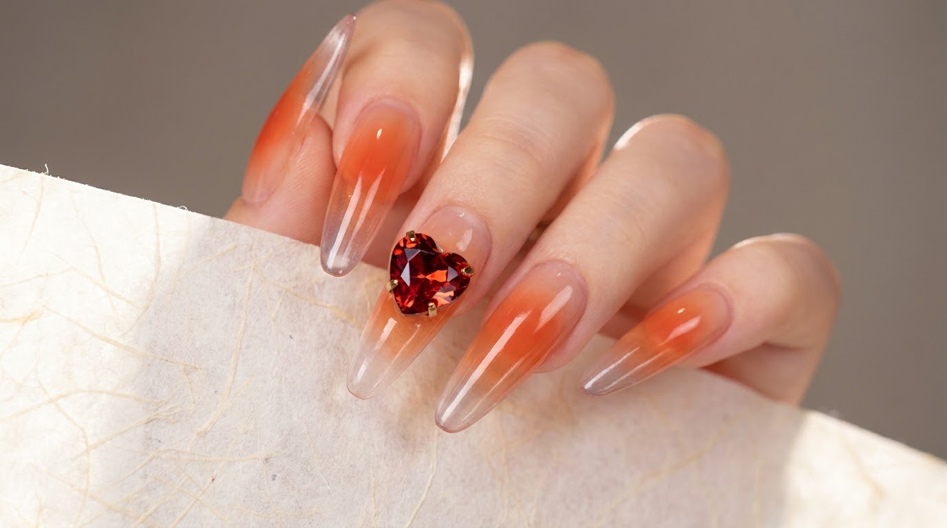 Orange Gradient Jelly Nails with Heart Charms — Step-by-Step Tutorial
