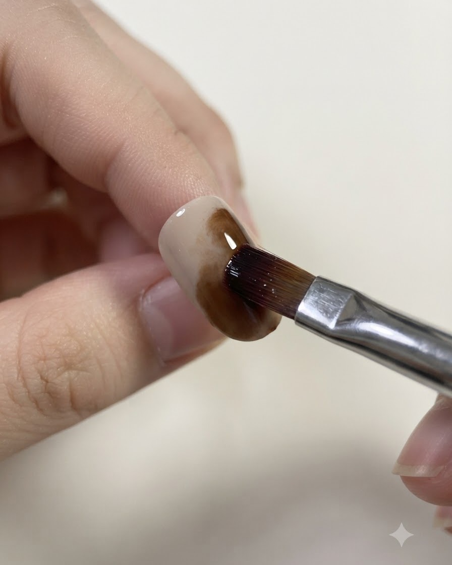 A moistened brush blending and softening the edges of caramel gel on a nail.