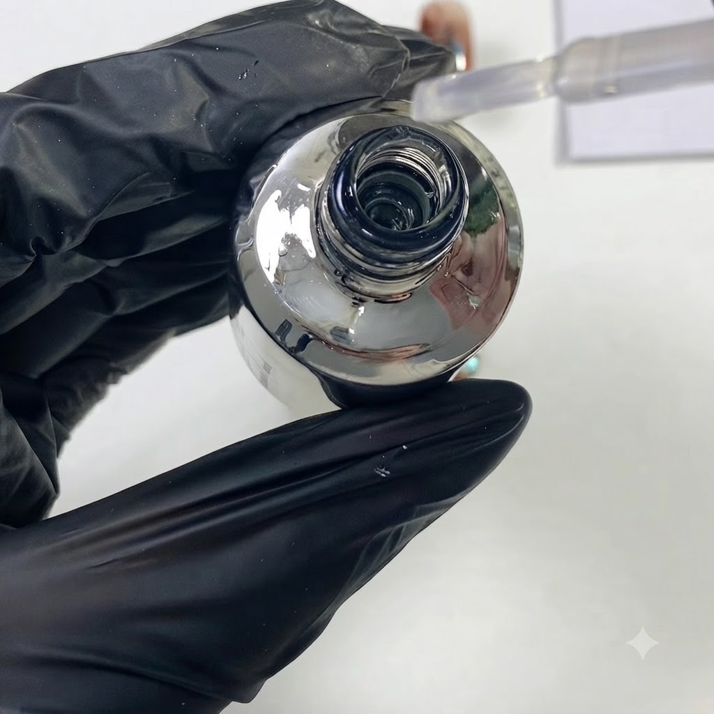 A close-up shot of a bottle opening with the brush applicator lifting clear tempered top coat.