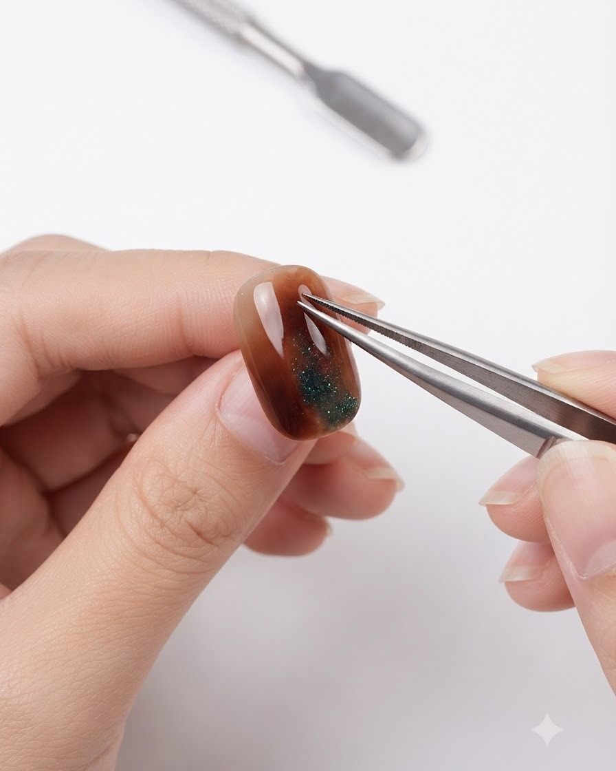 Metal tweezers scratching across the high-gloss surface of a finished amber and cat-eye nail.