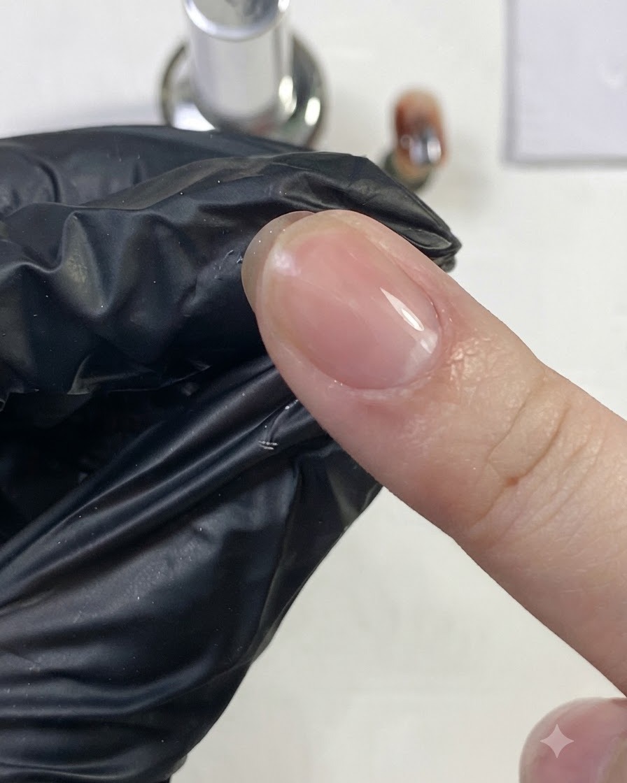 A gloved finger rubbing vigorously against the shiny, transparent surface of a cured nail.
