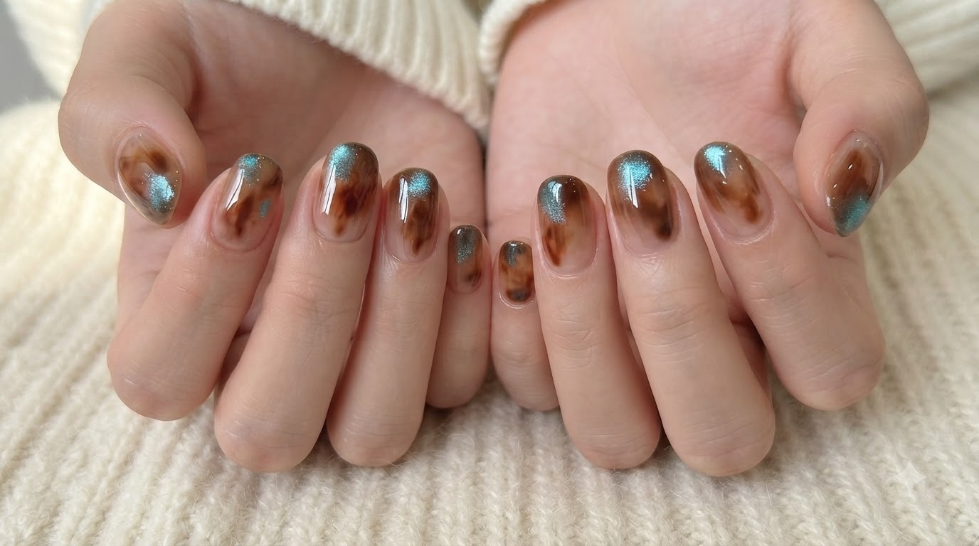 Amber Smudge with Blue Cat-Eye Accent Gel Nails — Step-by-Step Tutorial
