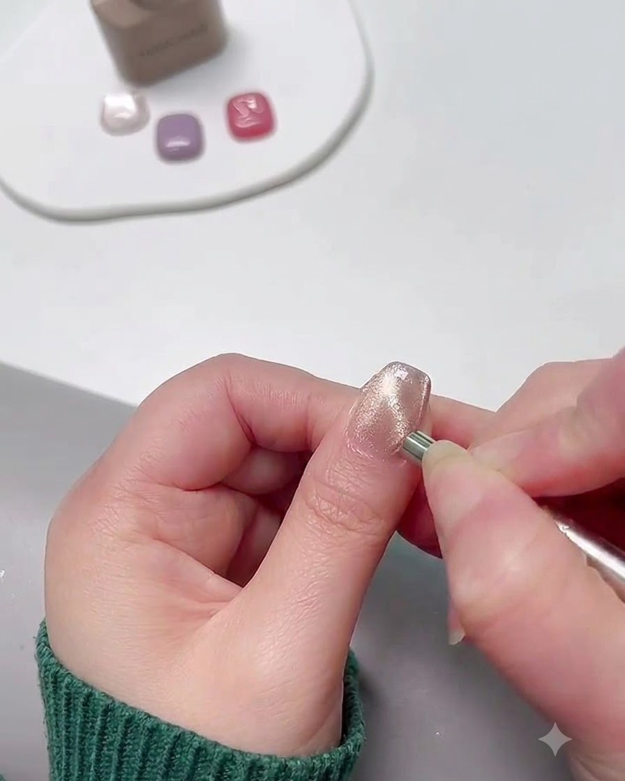 A magnetic wand being held near a cat eye gel nail to create a side-light effect.