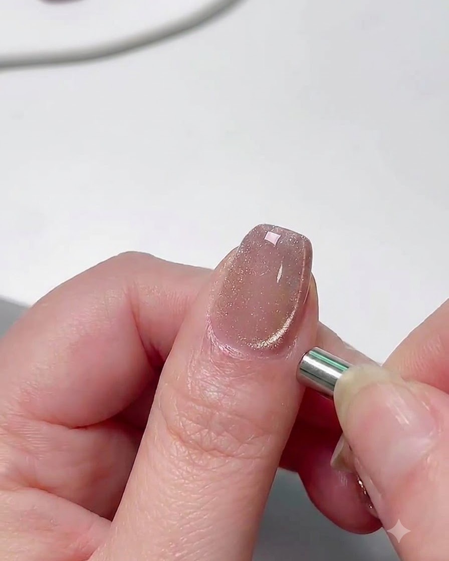 A cylindrical magnet held closely against the side of a manicured nail to adjust the cat eye reflection.