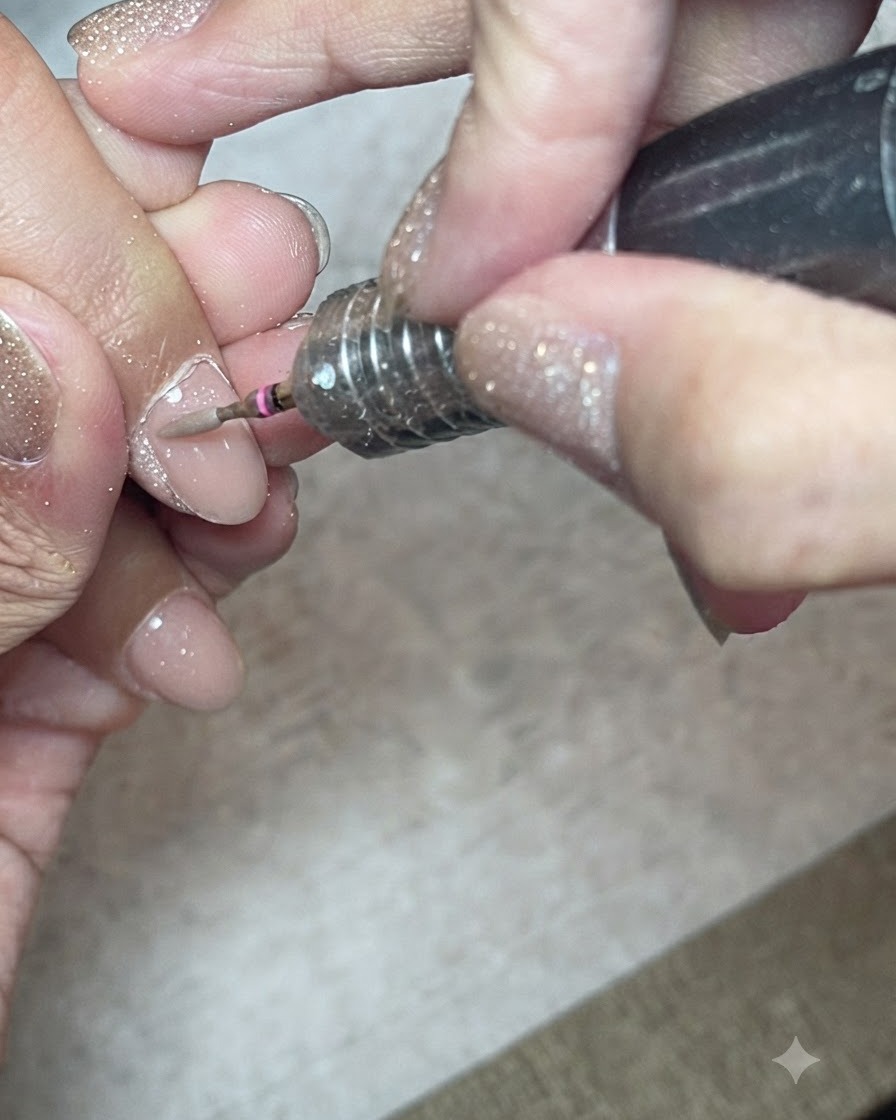 A close-up of an e-file with a long shuttle-shaped bit lifting the cuticle pocket on a natural nail.
