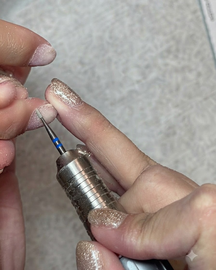 A large fluffy brush clearing away nail dust from prepped fingers.