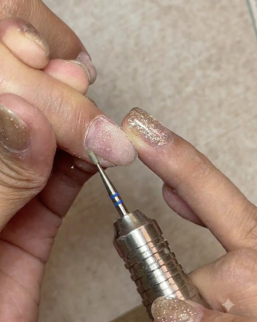 An e-file with a cone-shaped bit lifting and separating dead skin around the cuticle.
