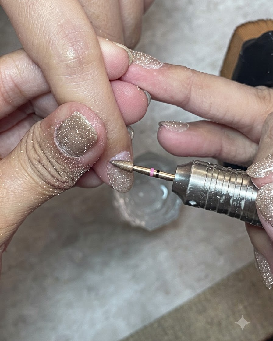 A stiff nail brush scrubbing clean the surface and surrounding skin of a prepped natural nail.