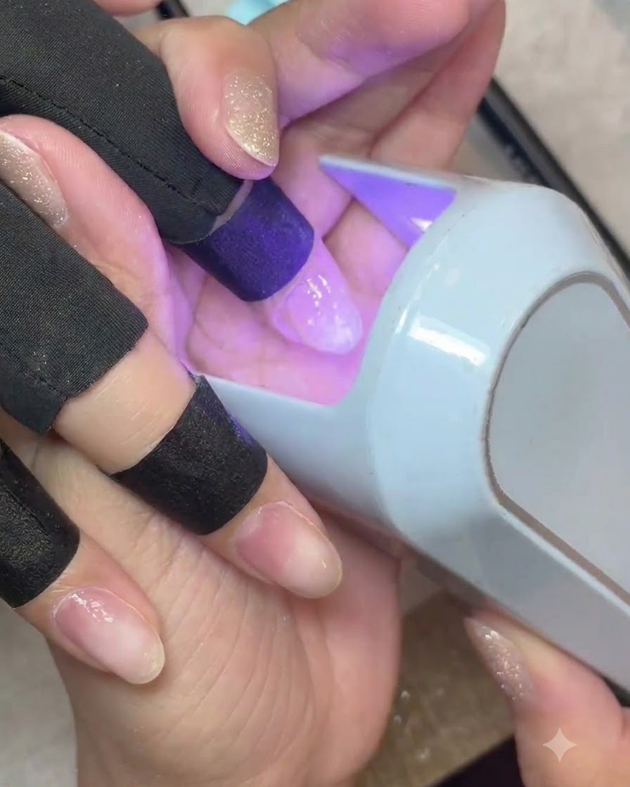 A finger placed under a handheld UV/LED mini lamp, curing the clear base gel layer.