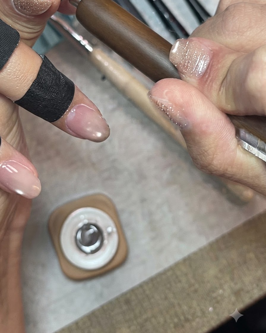 A hand holding a mini UV/LED lamp positioned directly over nails to cure a shimmer gel layer.