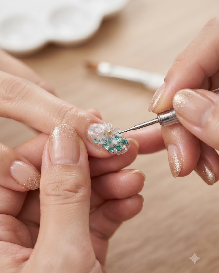 A detail brush meticulously placing individual sequins and 3D floral elements along the nail tip to refine the gradient ombre effect.