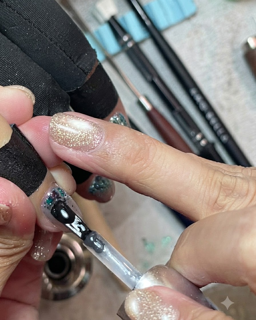 A nail brush applying clear encapsulation gel over a nail tip decorated with mint blue sequins.
