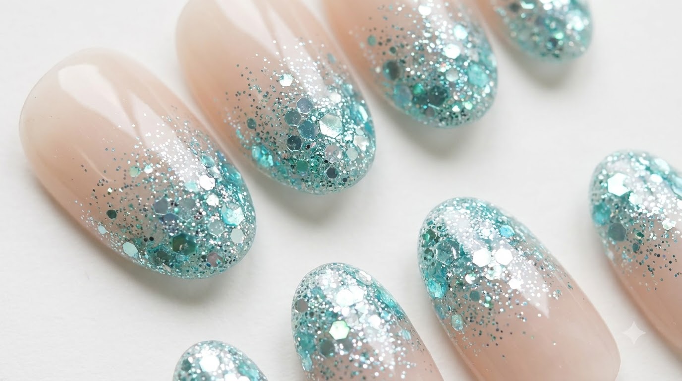 Mint Blue Sequined Glitter Gradient Gel Nails — Step-by-Step Tutorial