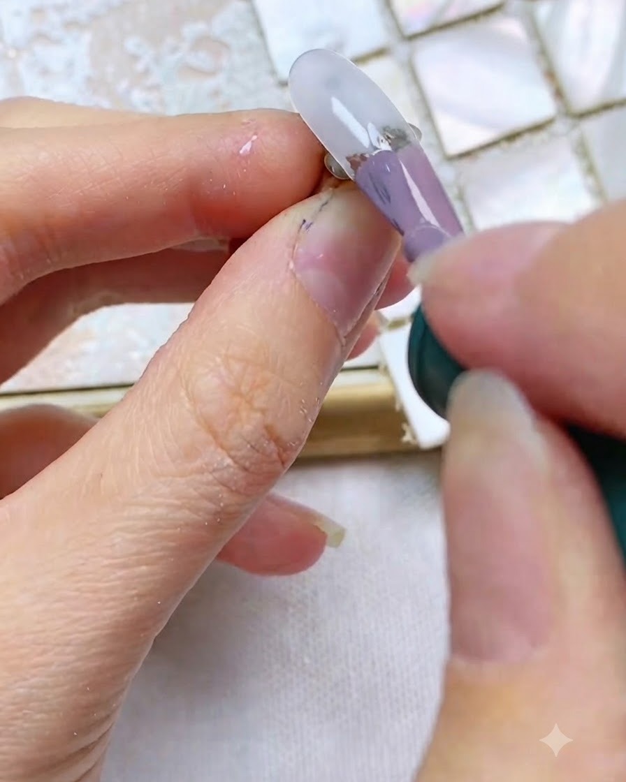 A nail brush applying a thick stroke of grey-purple gel to the center of a translucent white nail tip.