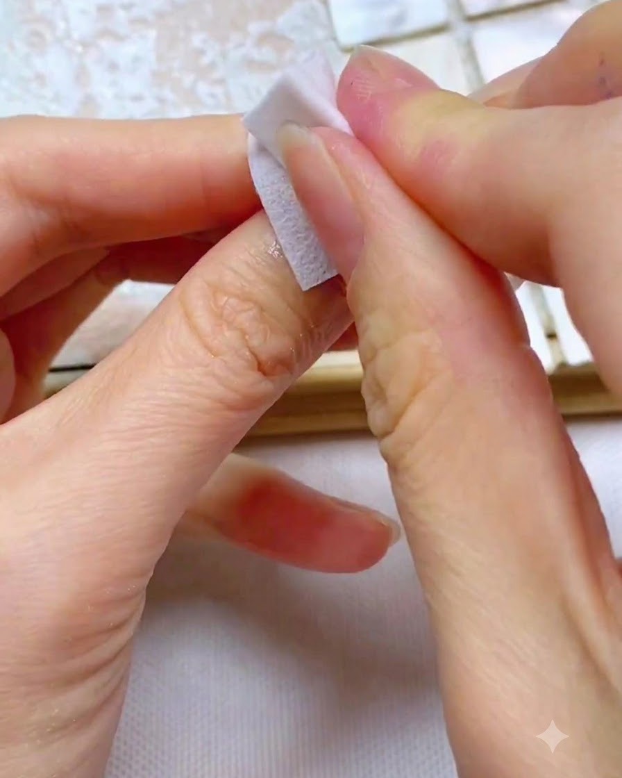 Fingers using a white lint-free wipe to thoroughly clean grey-purple gel off the nail plate.
