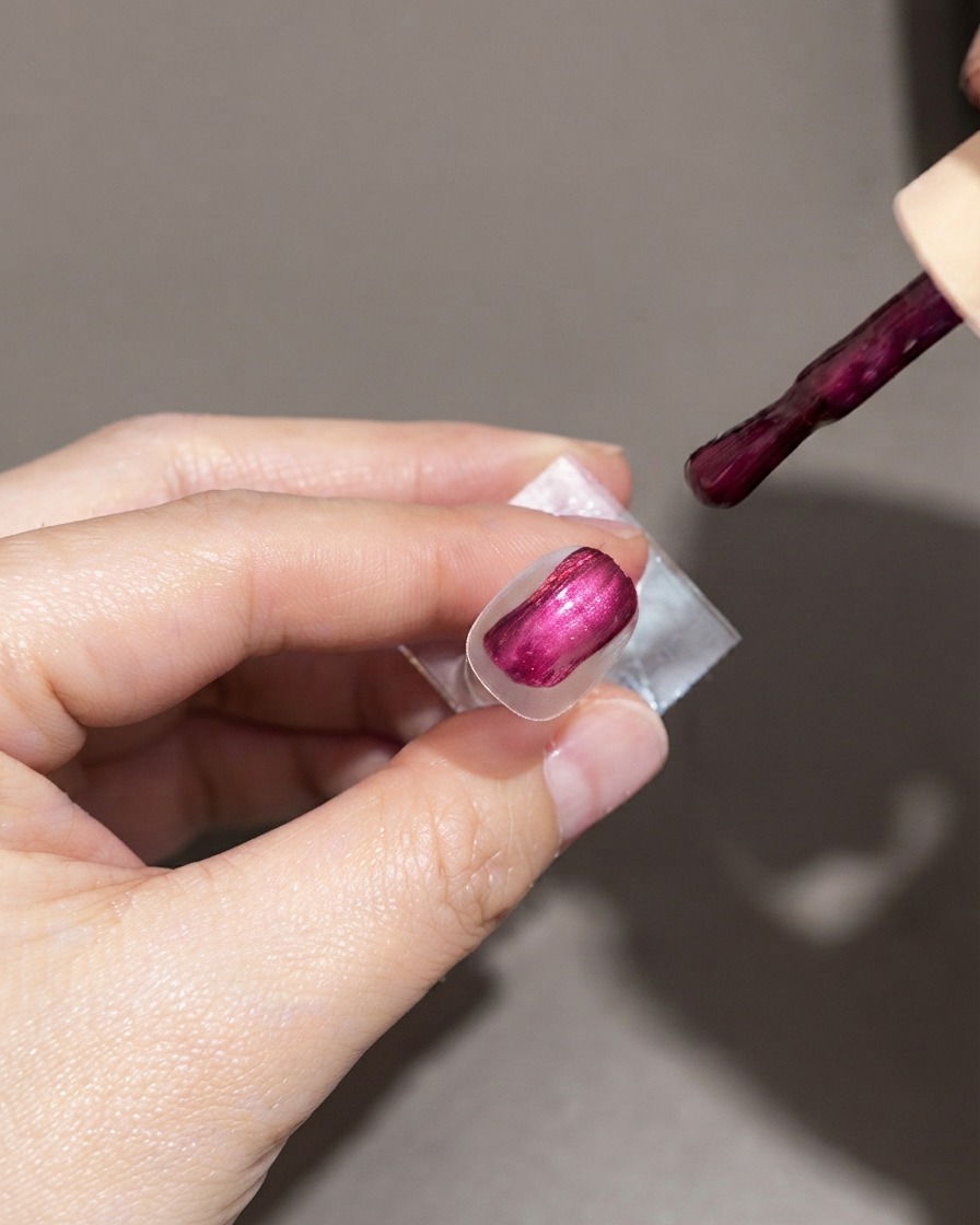 A fully coated nail tip with glossy dark purple gel polish, with the application brush hovering nearby.