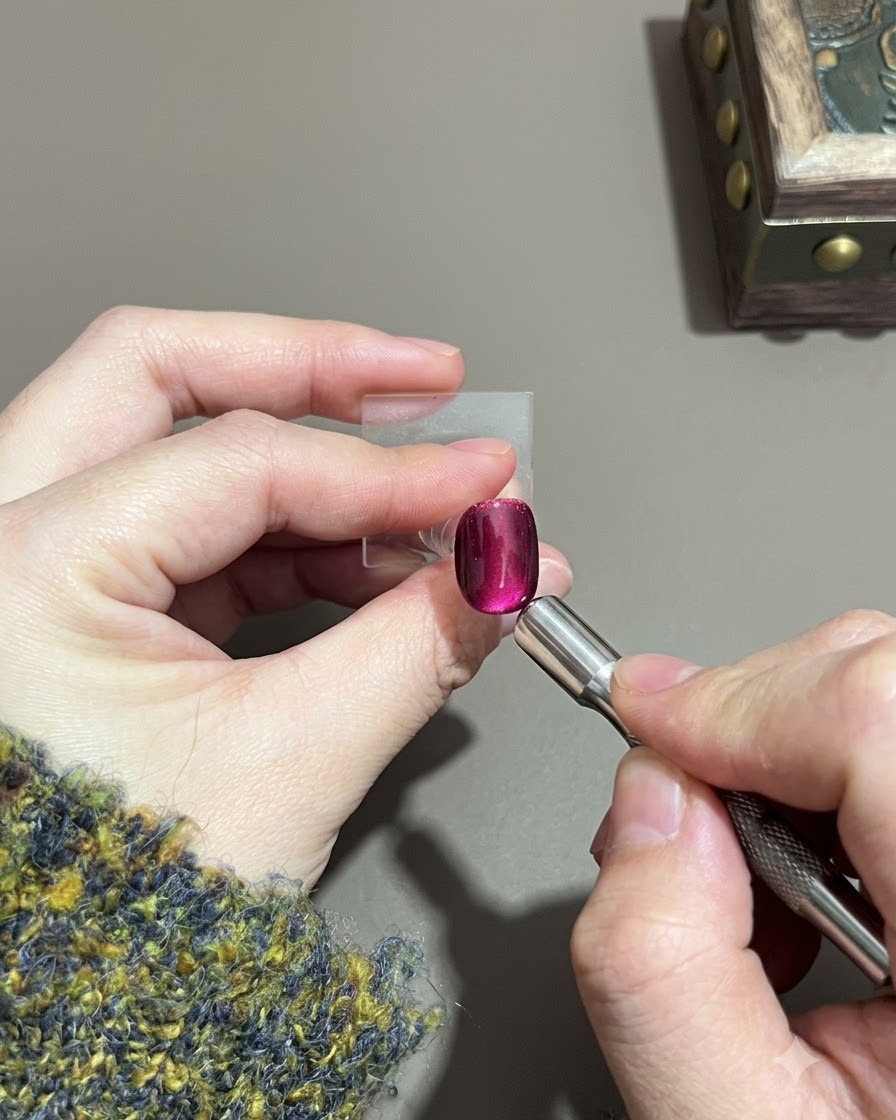 A magnet being pushed upwards along the surface of a purple gel nail.