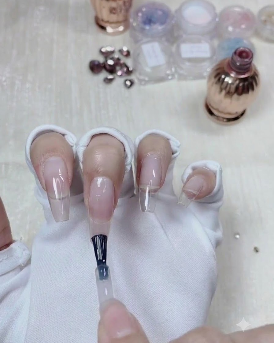 A flat brush sweeping and blending gel upward on a nail to create a gradient.
