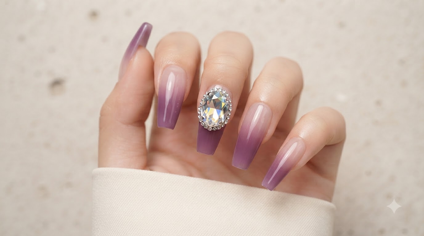 Taro Purple Gradient Press-on Nails with Crystal Gem — Step-by-Step Tutorial