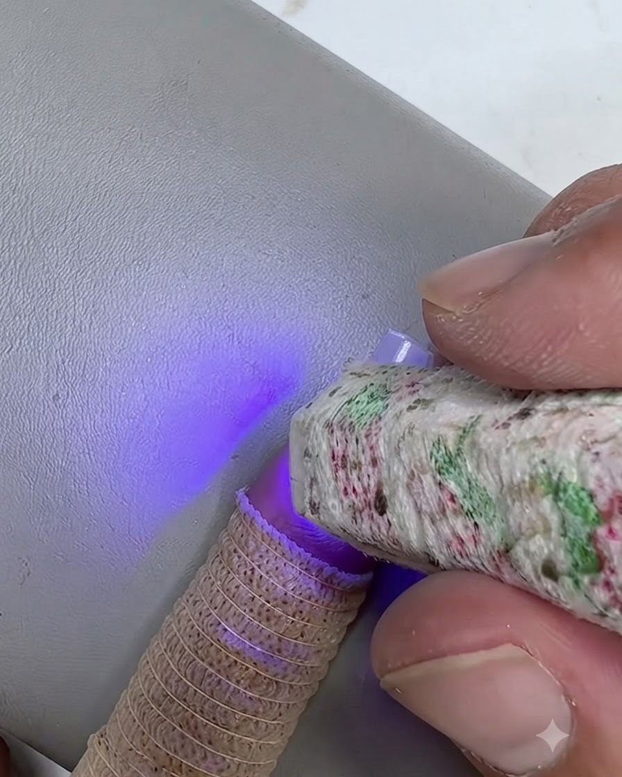 A close-up of a handheld mini UV/LED lamp glowing purple as it cures clear gel on a natural fingernail.