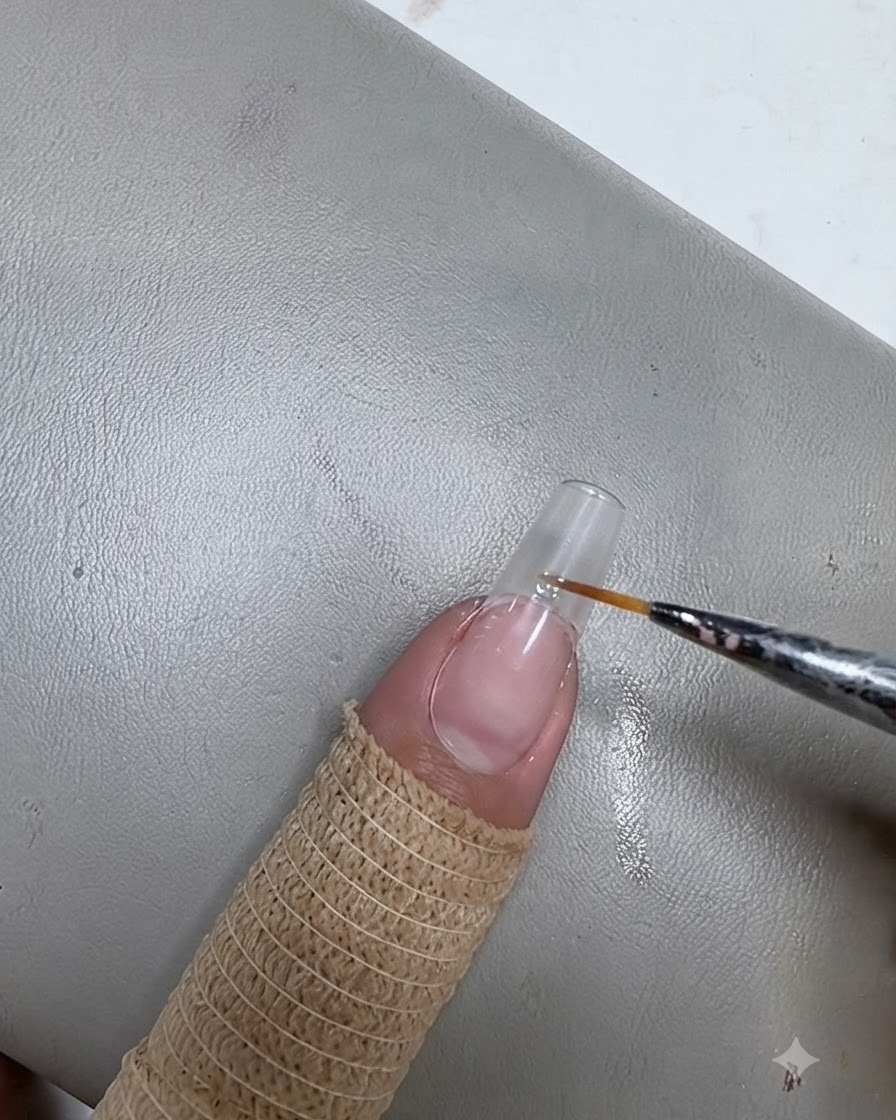 A fine liner brush applying a strip of clear gel horizontally across the free edge of a prepared natural fingernail.