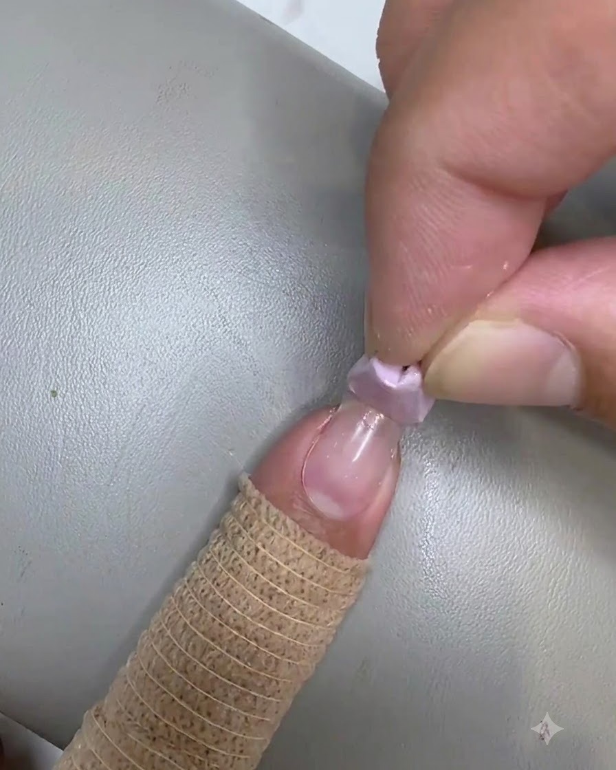 A small makeup sponge being used to pat clear gel onto the tip of a nail.
