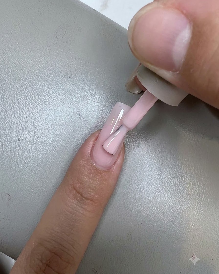 A nail polish brush applying a smooth coat of nude pink gel to a fingernail, sweeping from the cuticle toward the tip.