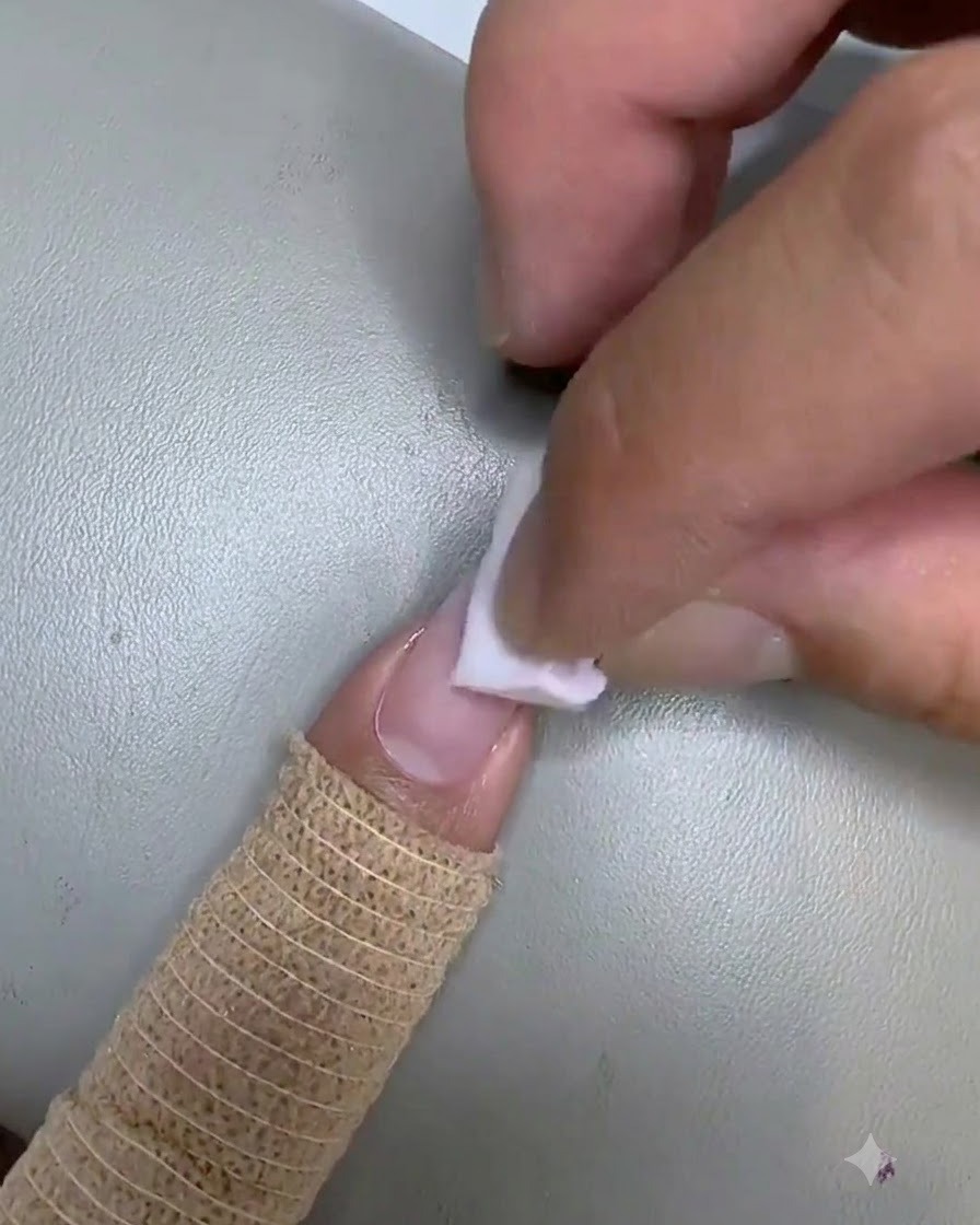 A small sponge dabbing pink gel onto the nail surface during the gradient creation step.