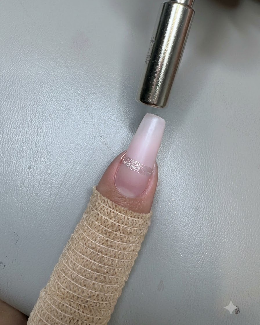 A cylindrical magnetic tool held directly above a silver stripe on a gradient nail.