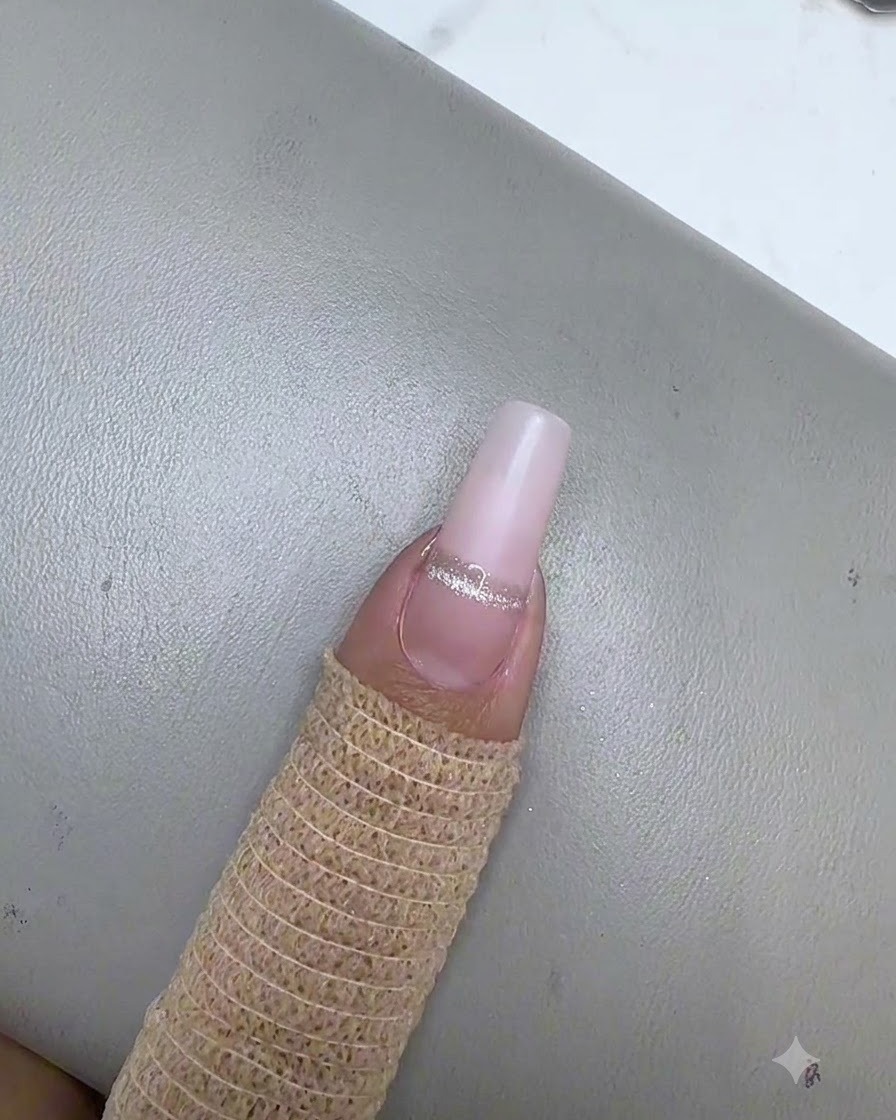 A mini purple UV LED lamp curing a single silver cat eye stripe on a nude pink gel nail.