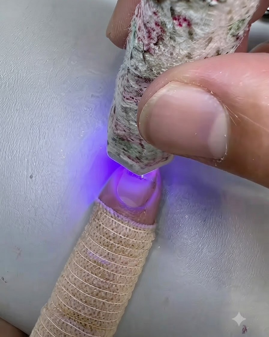 A mini UV LED lamp curing the pink cat eye stripe on the fingernail.