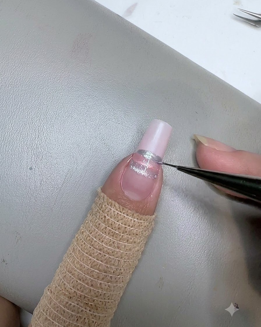 A liner brush painting a third blue horizontal stripe below the pink stripe on the nail.