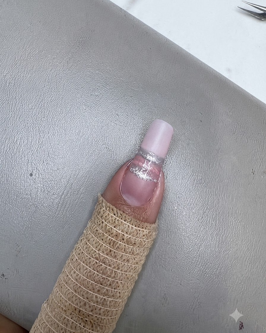 A fingernail with a blue cat eye stripe being cured under a mini UV/LED lamp.