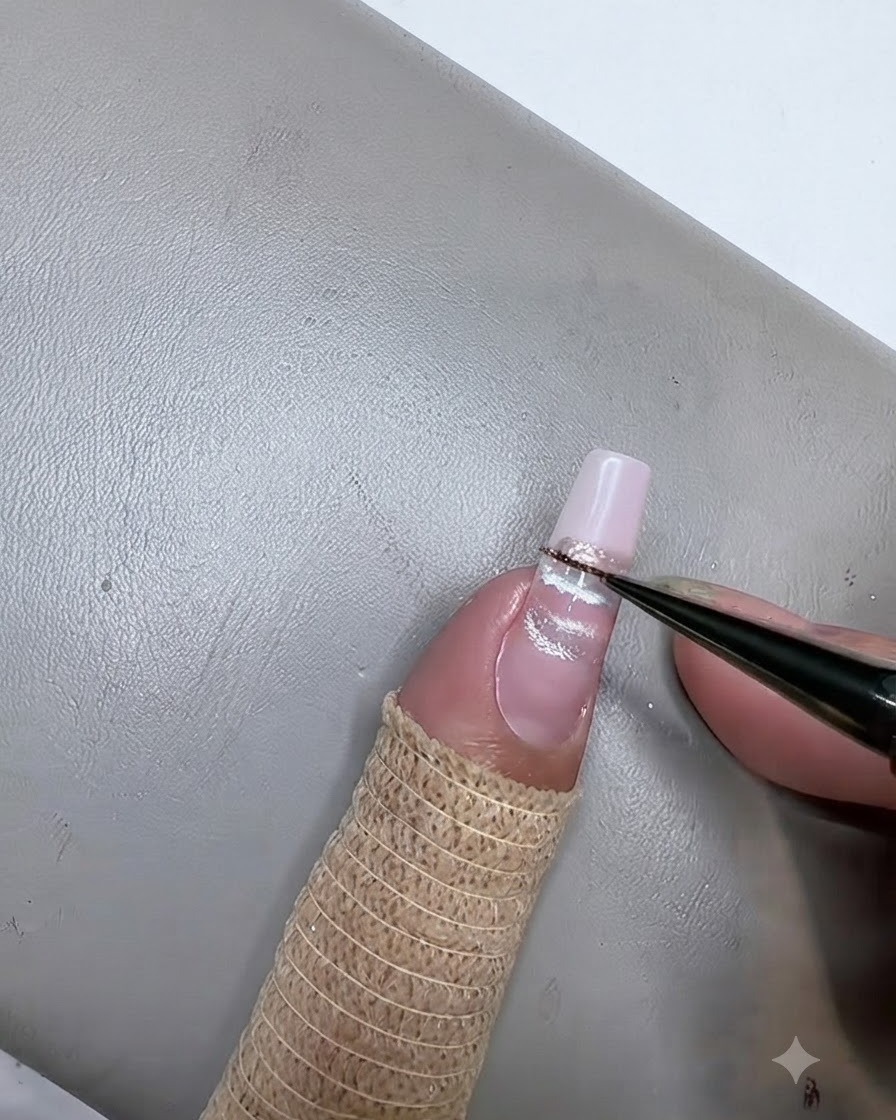 A fine liner brush applying a champagne-colored cat eye gel stripe horizontally across the nail.
