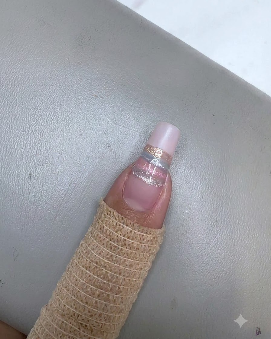 A rectangular magnet held above the champagne cat eye stripe to align the magnetic shimmer.