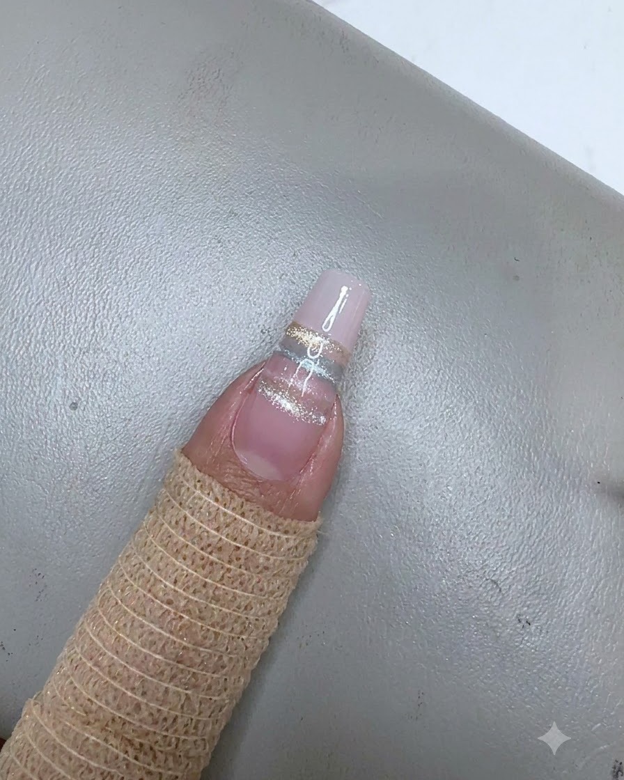 A close-up view of silver star sequins being placed along the stripe design on an uncured gel nail.