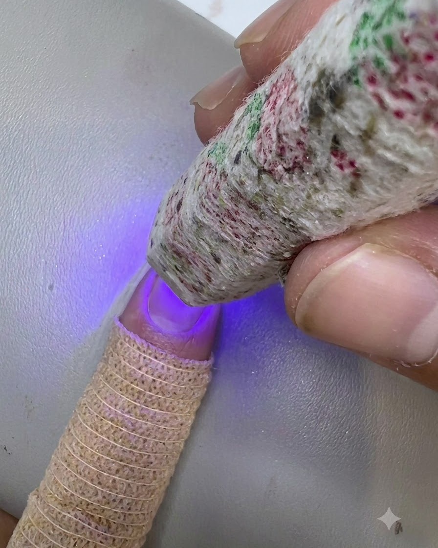A mini UV LED lamp curing the top coat on a finished decorative nail.