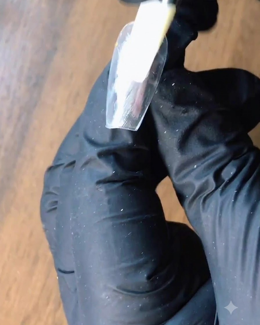 An eyeshadow sponge applicator dabbing silver powder onto a nail.