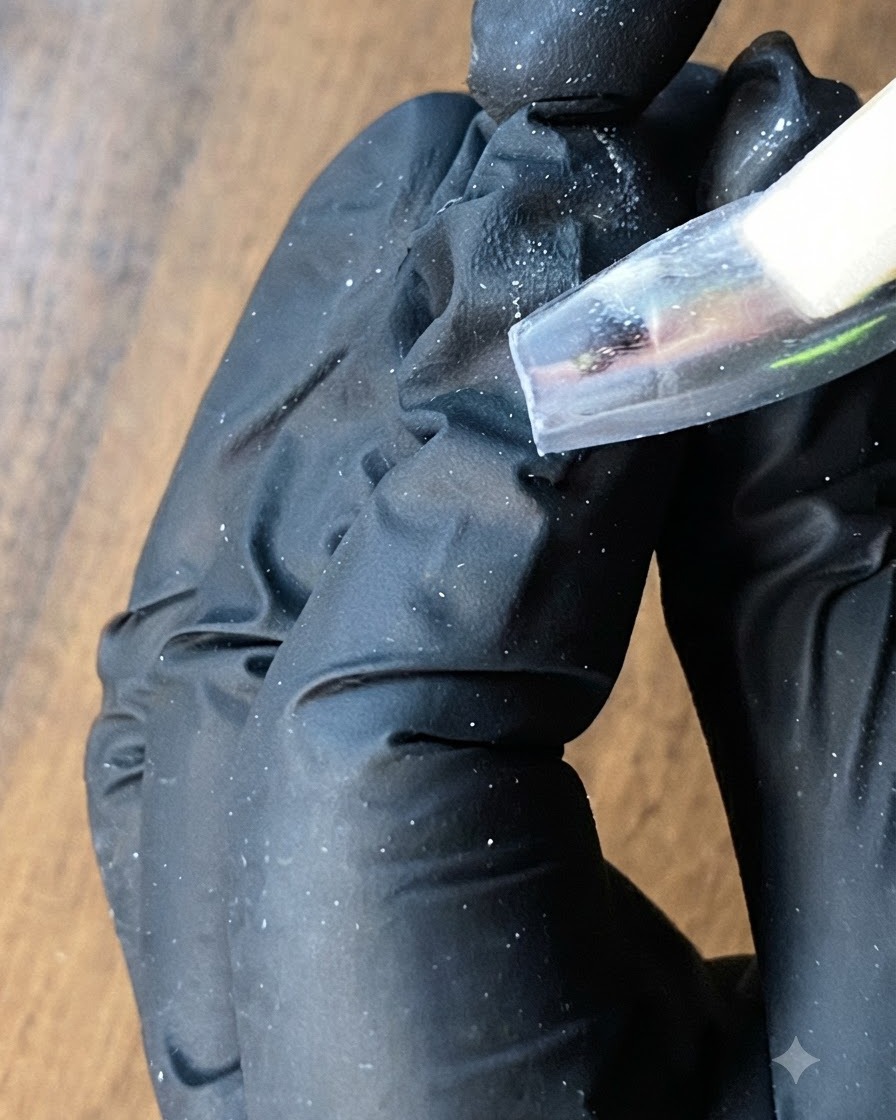 A close-up of a sponge pressing silver powder onto a nail surface.