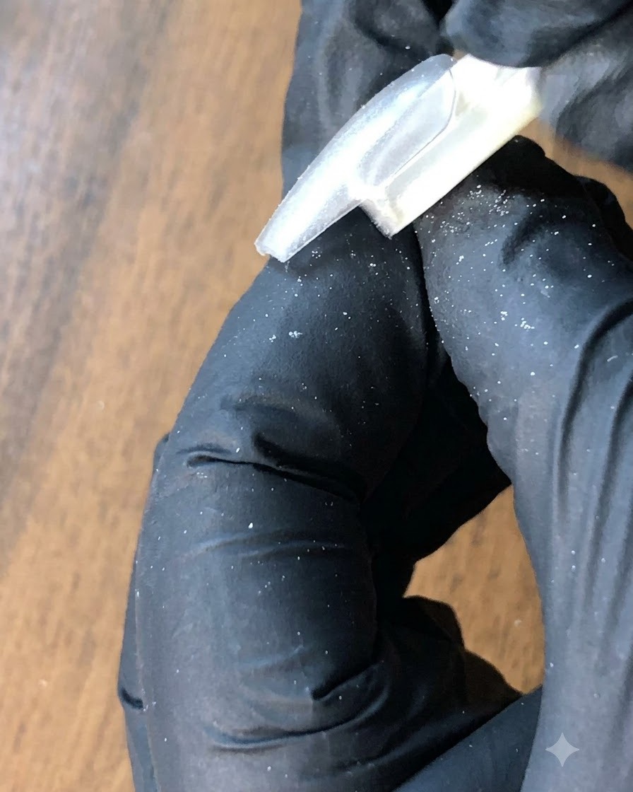 A dust brush clearing away loose silver powder from a nail.