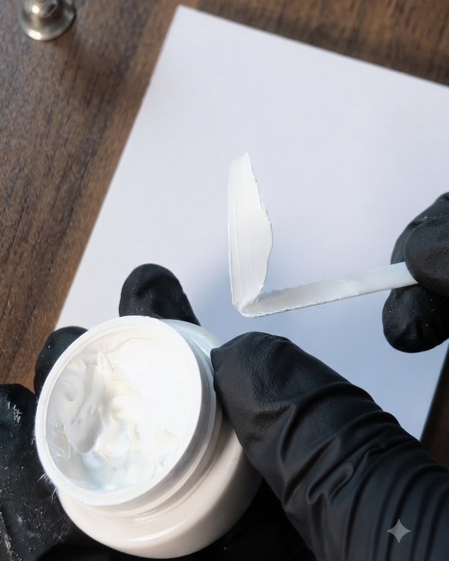 A gloved hand using a spatula to spread and tap white painting gel onto a clean white mixing palette.
