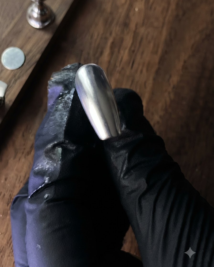A silver chrome false nail held up against a dark background, showing the gradient transition.