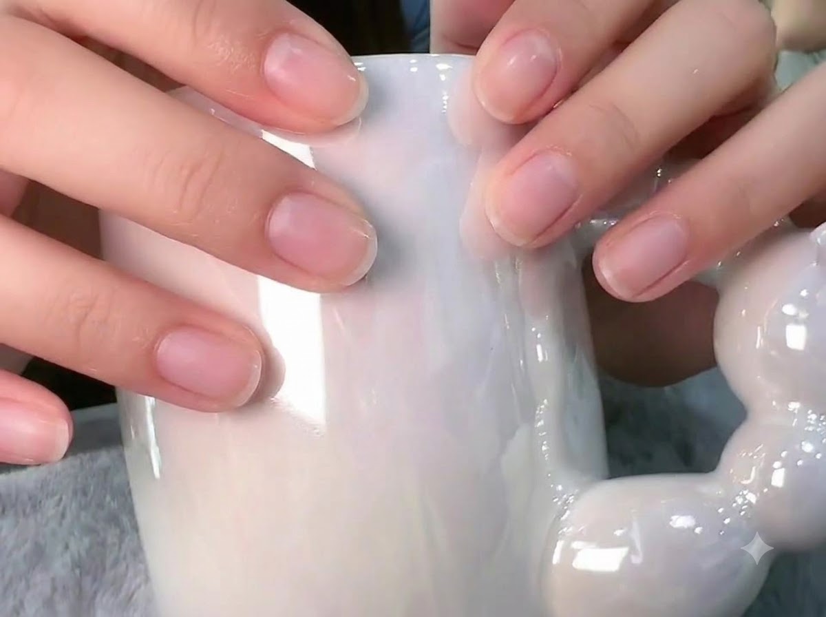 A close-up view of fingers holding a white mug with individual rhinestones placed near the nail cuticles.