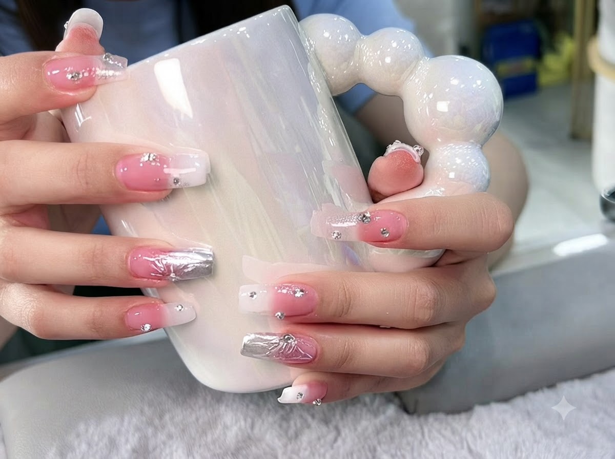 Hands resting on a white mug handle showing consistent gradient and crystal nail designs.
