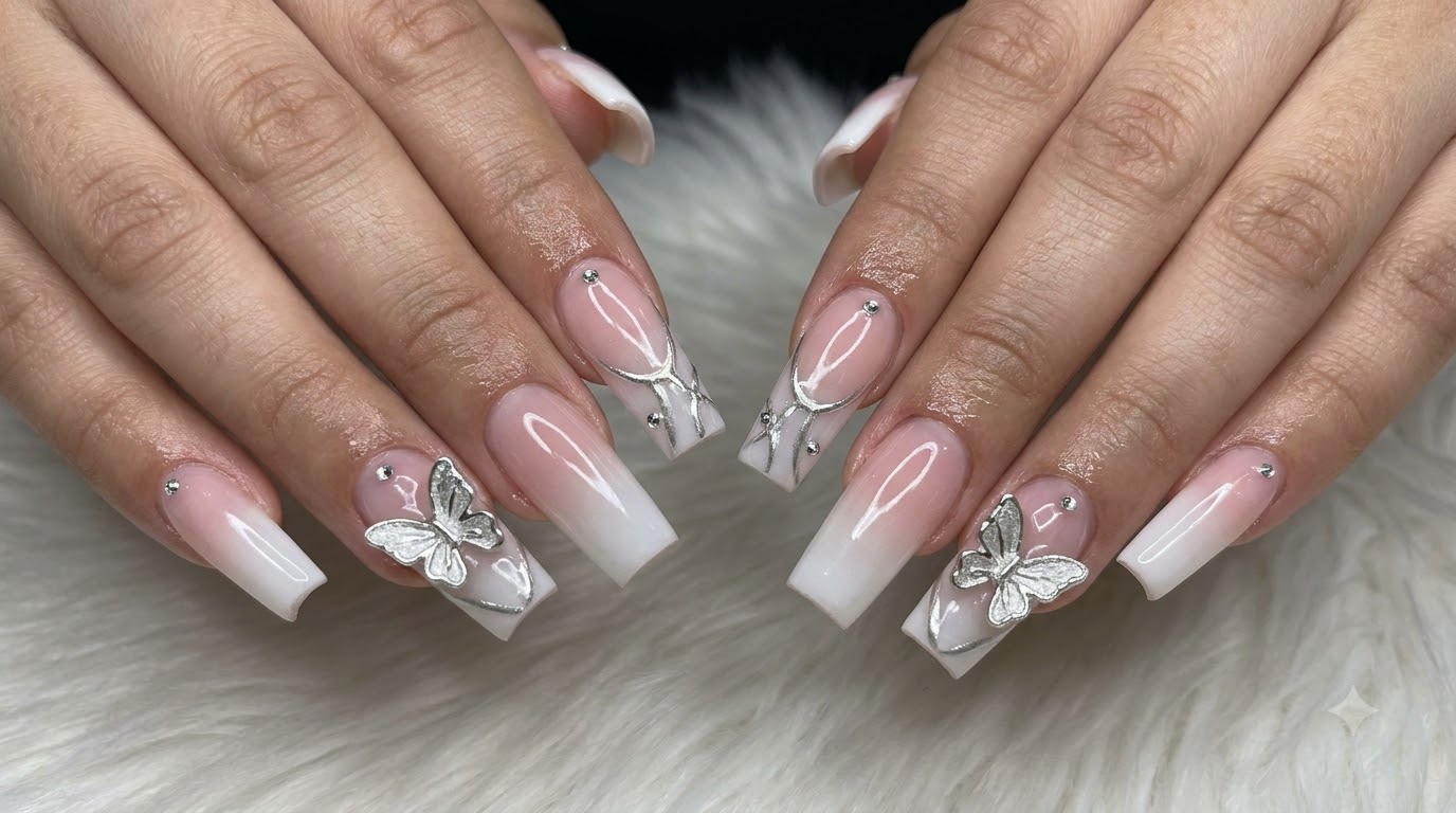 Milky White Gradient & Silver 3D Butterfly Nails — Step-by-Step Tutorial