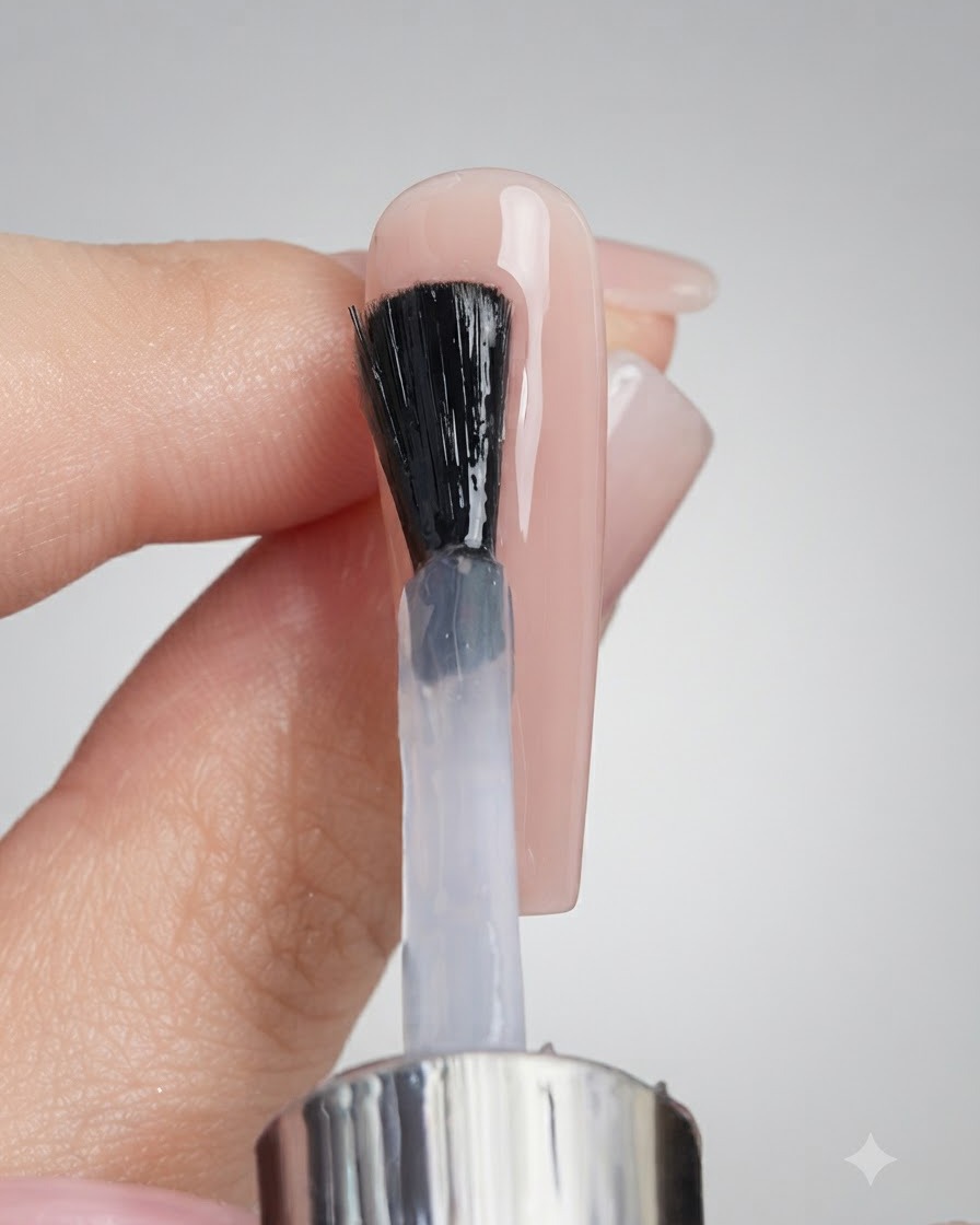 A brush applying a clear coat of seal gel onto a nude gel-colored nail extension.