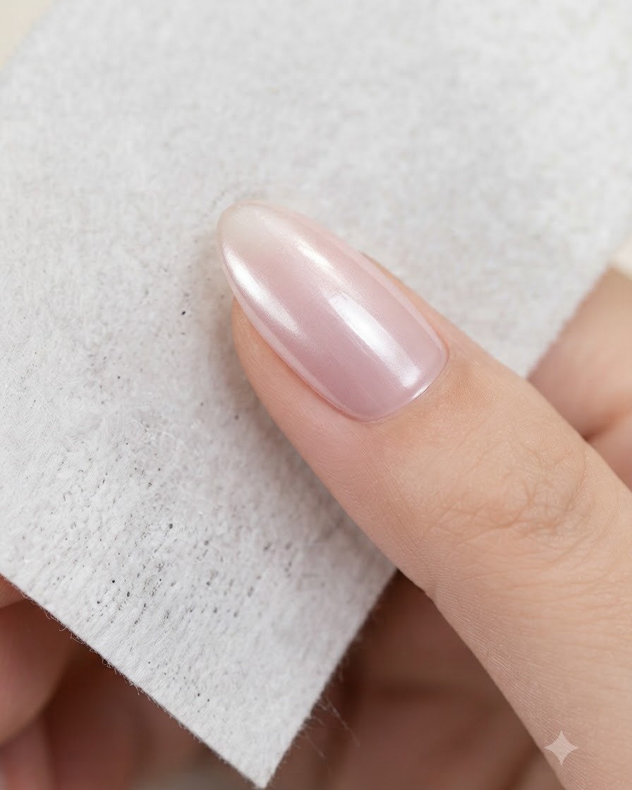 A finger holding a small lint-free wipe being dampened with alcohol.