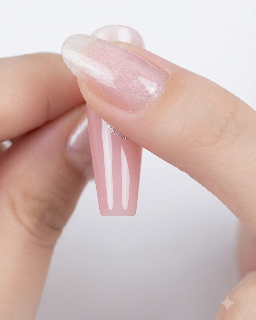 An alcohol-dampened wipe rubbing mirror powder onto an oval-shaped nail surface.