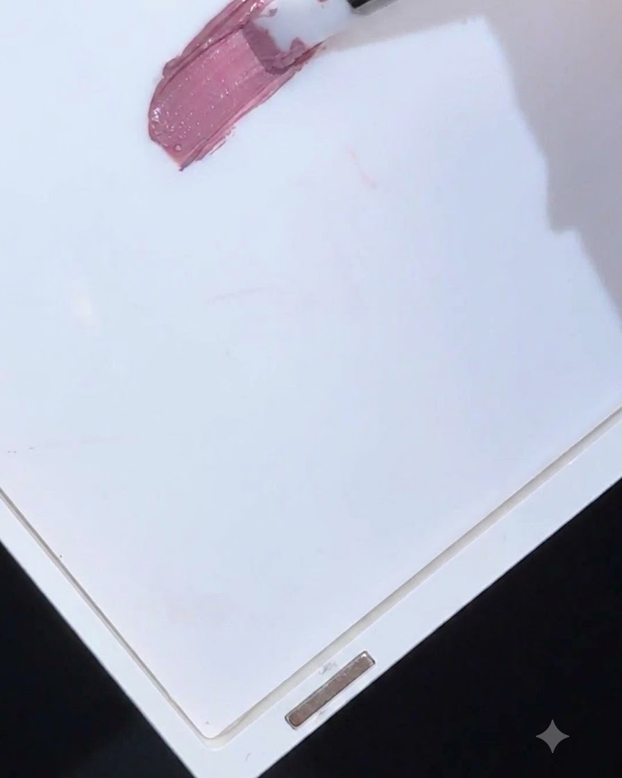 A brush spreading mauve-colored patting gel onto a white plastic palette.