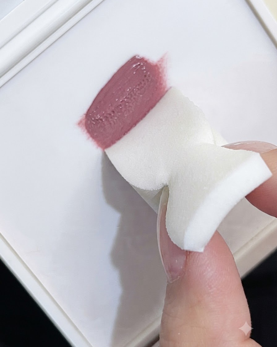 The edge of a white foam sponge picking up mauve patting gel from a palette.
